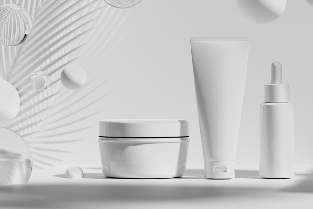 Illustrazione 3D di cosmetici per servizi white e private label per la cura della pelle bellezza crema spa modello bagno interno trattamento medico sanitario moda di bottiglia di trucco tubo di imballaggio